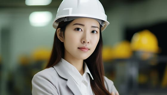 带着白色安全帽年轻女工程师高清图片素材(JPG)