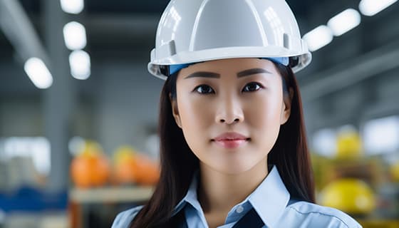 带着白色安全帽年轻女工程师高清图片素材(JPG)