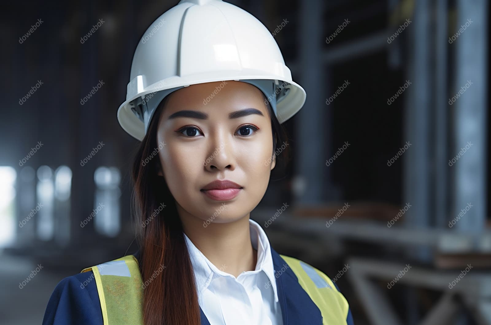 带着白色安全帽年轻女工程师高清图片素材(JPG)