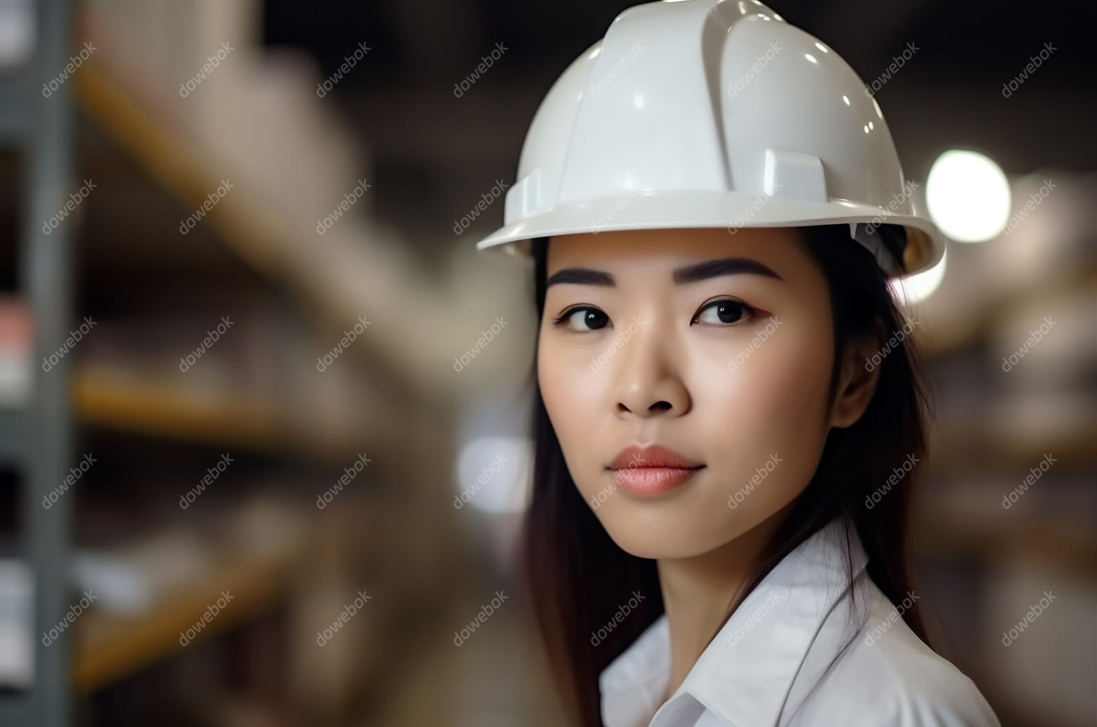 带着白色安全帽年轻女工程师高清图片素材(JPG)