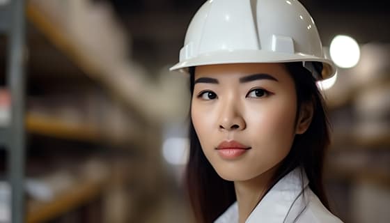 带着白色安全帽年轻女工程师高清图片素材(JPG)