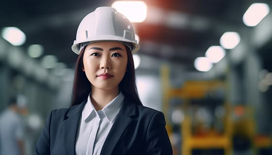 带着白色安全帽年轻女工程师高清图片素材(JPG)