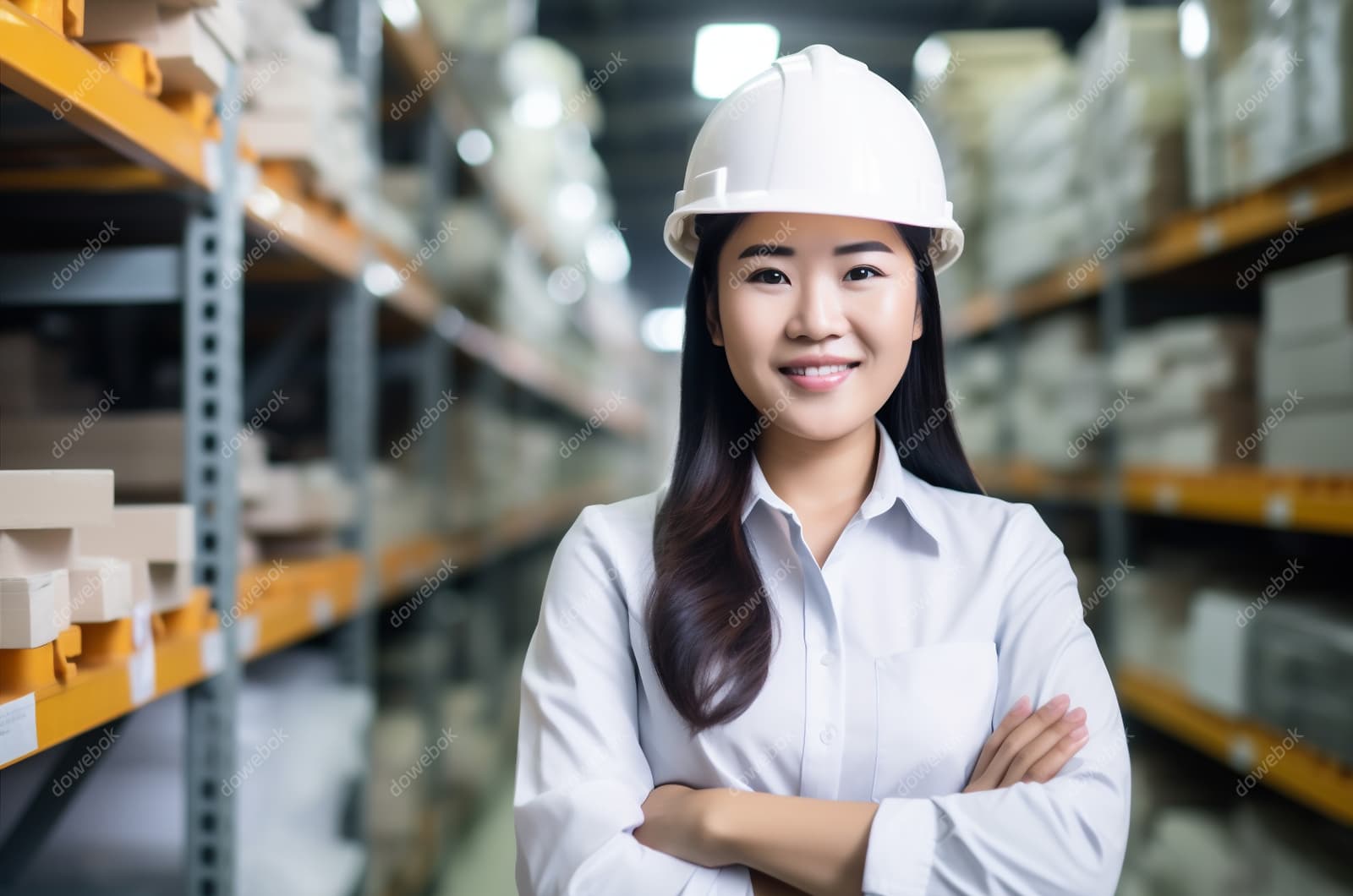 带着白色安全帽年轻女工程师高清图片素材(JPG)