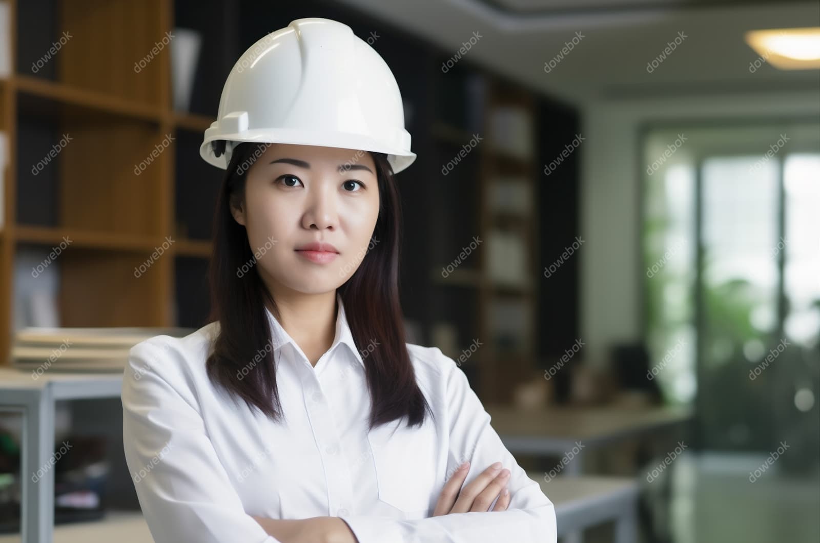 带着白色安全帽年轻女工程师高清图片素材(JPG)