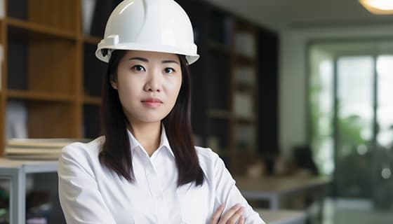 带着白色安全帽年轻女工程师高清图片素材(JPG)