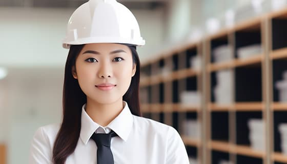 带着白色安全帽年轻女工程师高清图片素材(JPG)