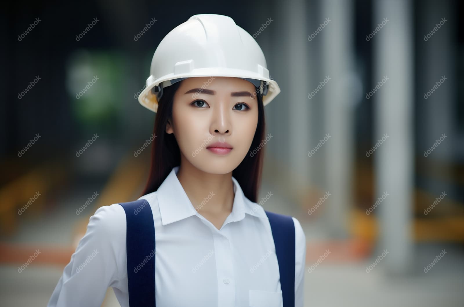 带着白色安全帽年轻女工程师高清图片素材(JPG)