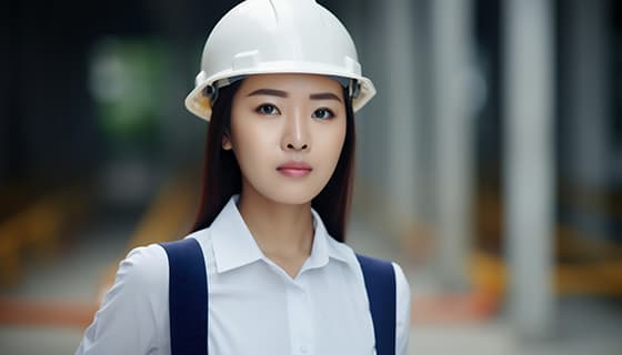 带着白色安全帽年轻女工程师高清图片素材(JPG)