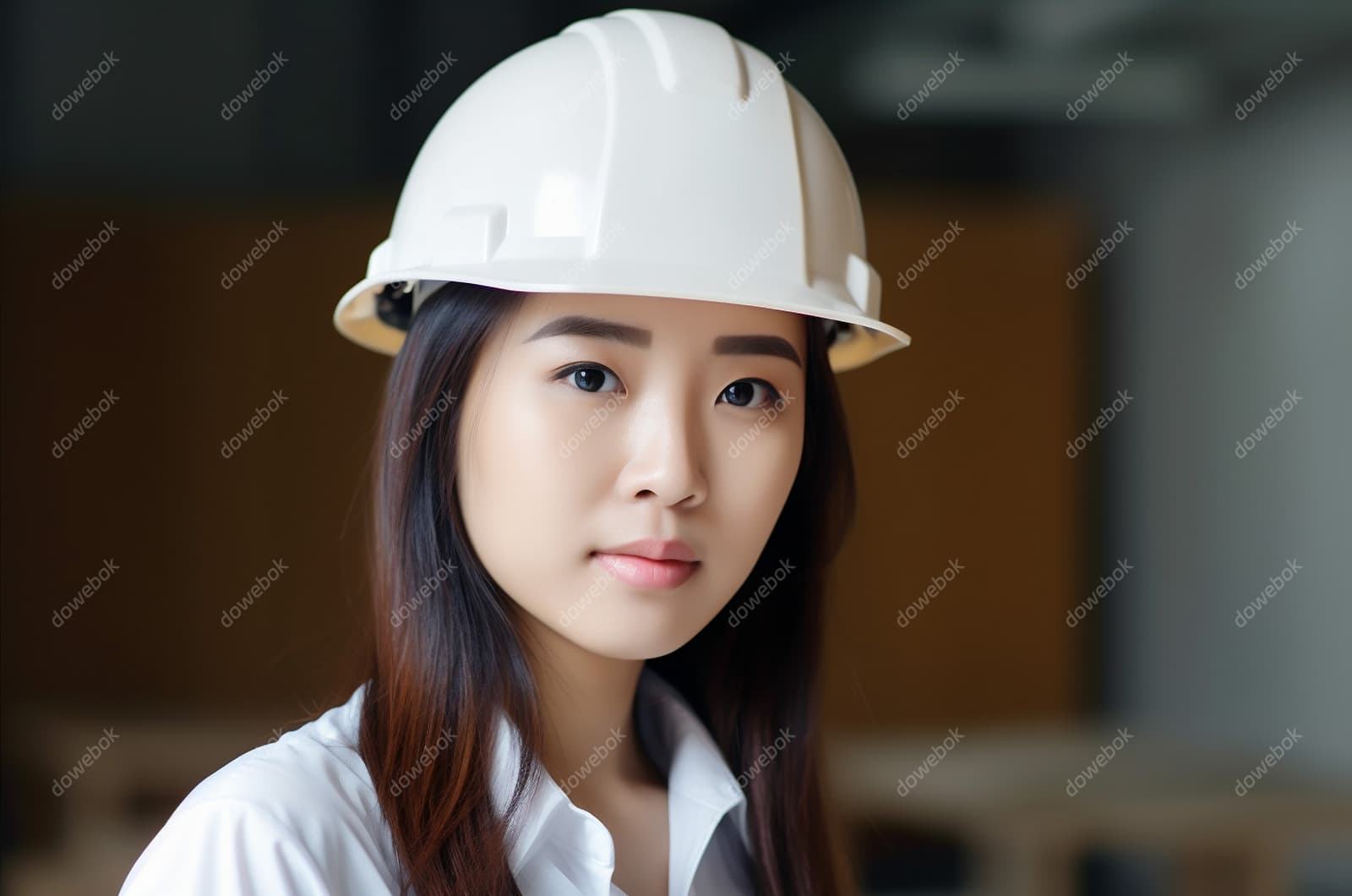 带着白色安全帽年轻女工程师高清图片素材(JPG)