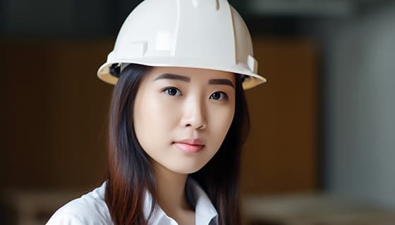 带着白色安全帽年轻女工程师高清图片素材(JPG)