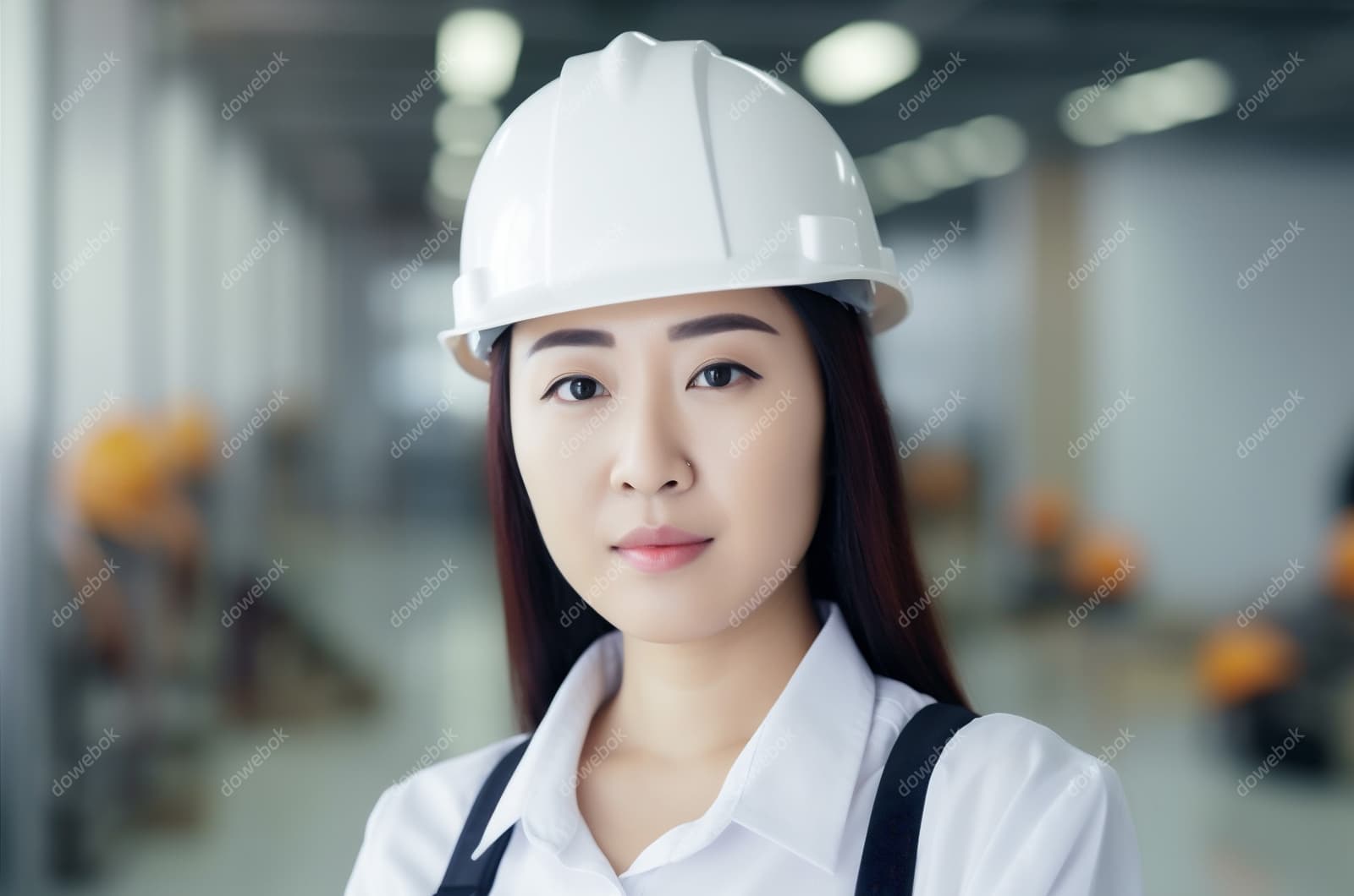 带着白色安全帽年轻女工程师高清图片素材(JPG)