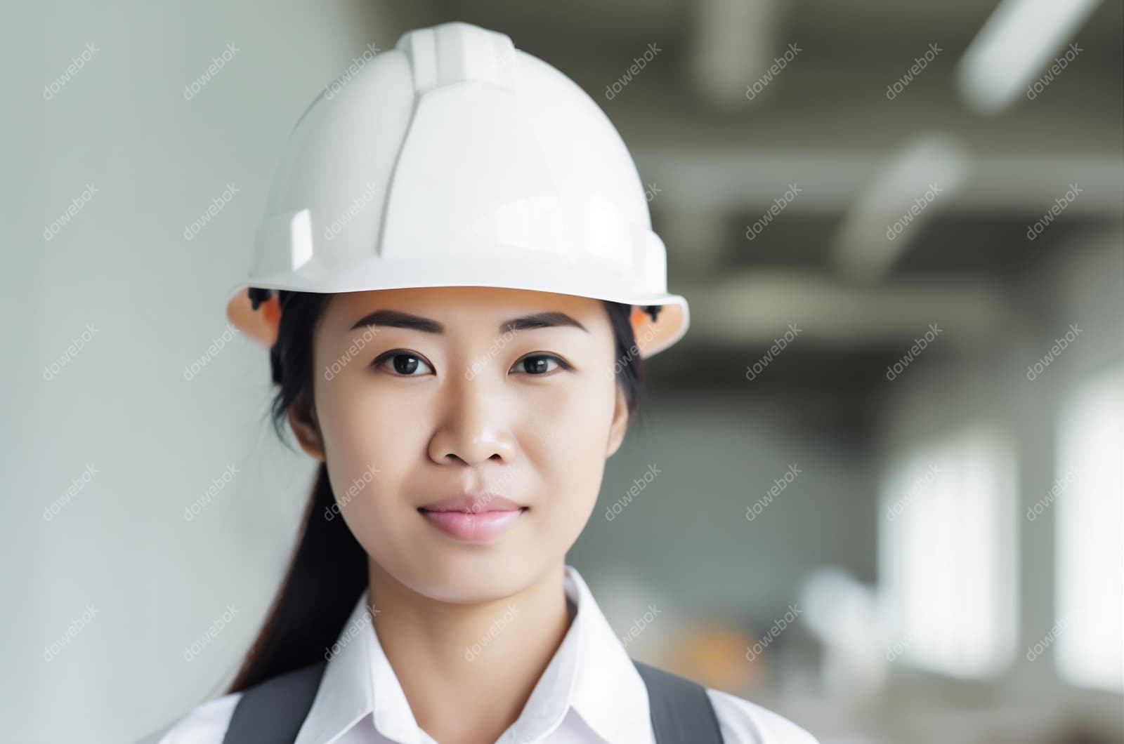 带着白色安全帽年轻女工程师高清图片素材(JPG)