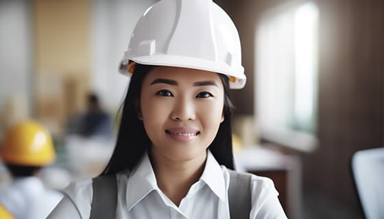 带着白色安全帽年轻女工程师高清图片素材(JPG)
