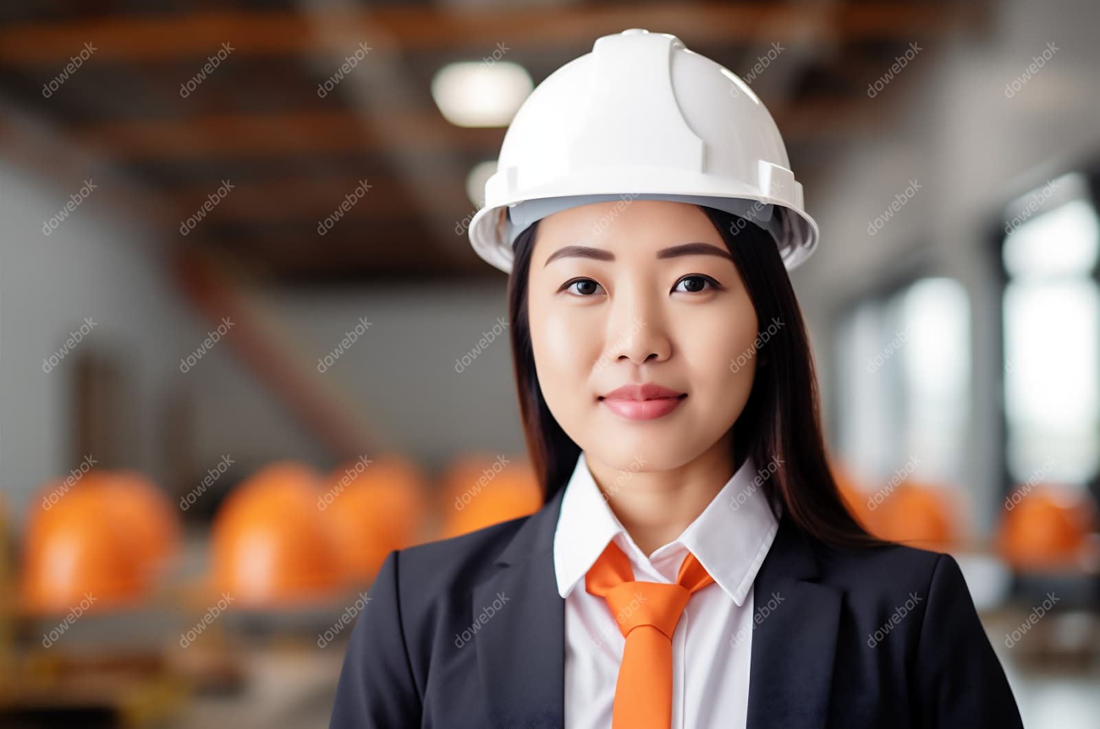 带着白色安全帽年轻女工程师高清图片素材(JPG)