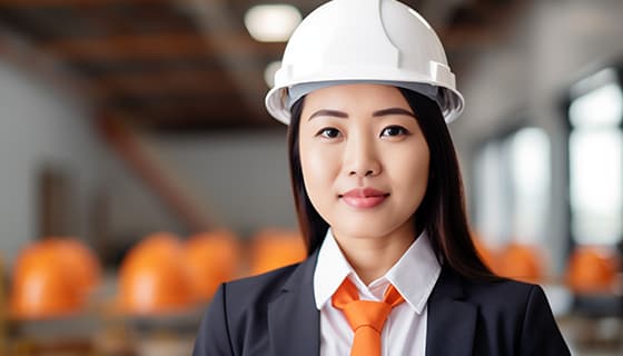 带着白色安全帽年轻女工程师高清图片素材(JPG)