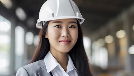 带着白色安全帽年轻女工程师高清图片素材(JPG)