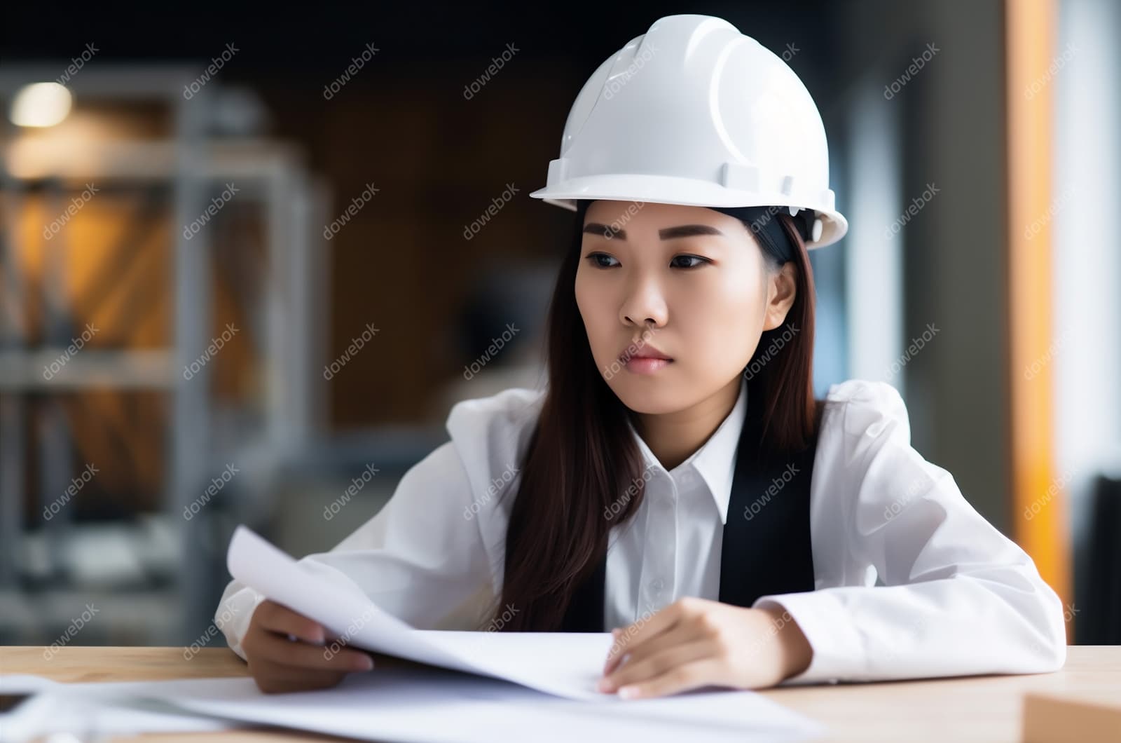 带着白色安全帽年轻女工程师高清图片素材(JPG)