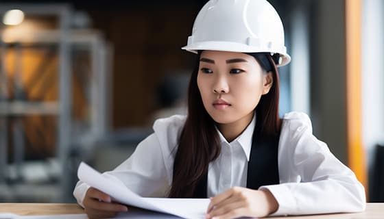 带着白色安全帽年轻女工程师高清图片素材(JPG)