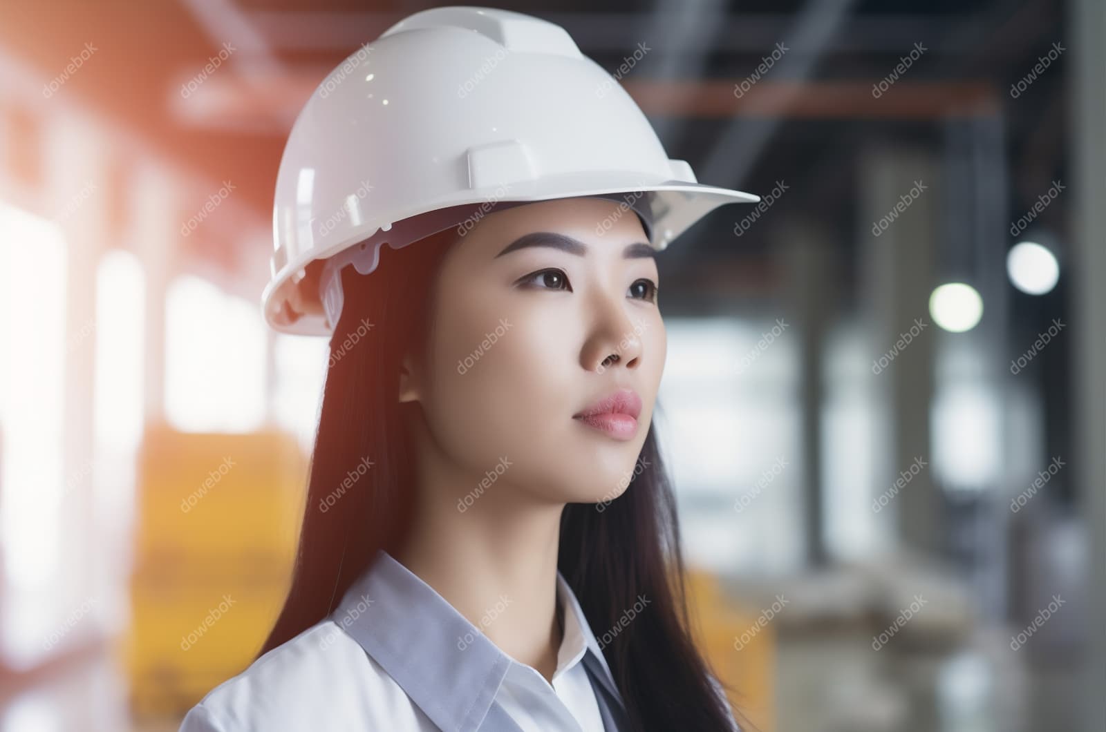 带着白色安全帽年轻女工程师高清图片素材(JPG)