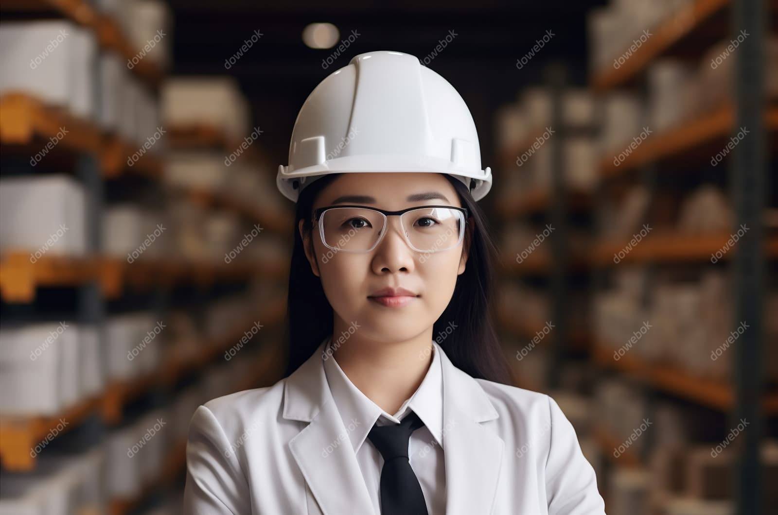 带着白色安全帽年轻女工程师高清图片素材(JPG)