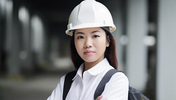 带着白色安全帽年轻女工程师高清图片素材(JPG)