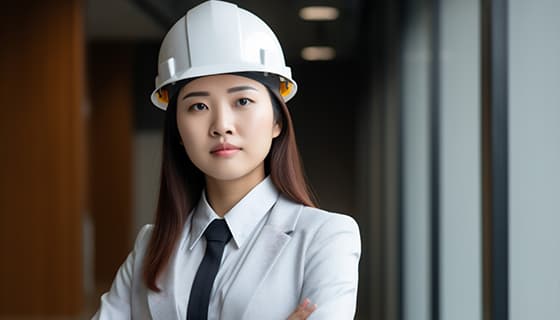 带着白色安全帽年轻女工程师高清图片素材(JPG)