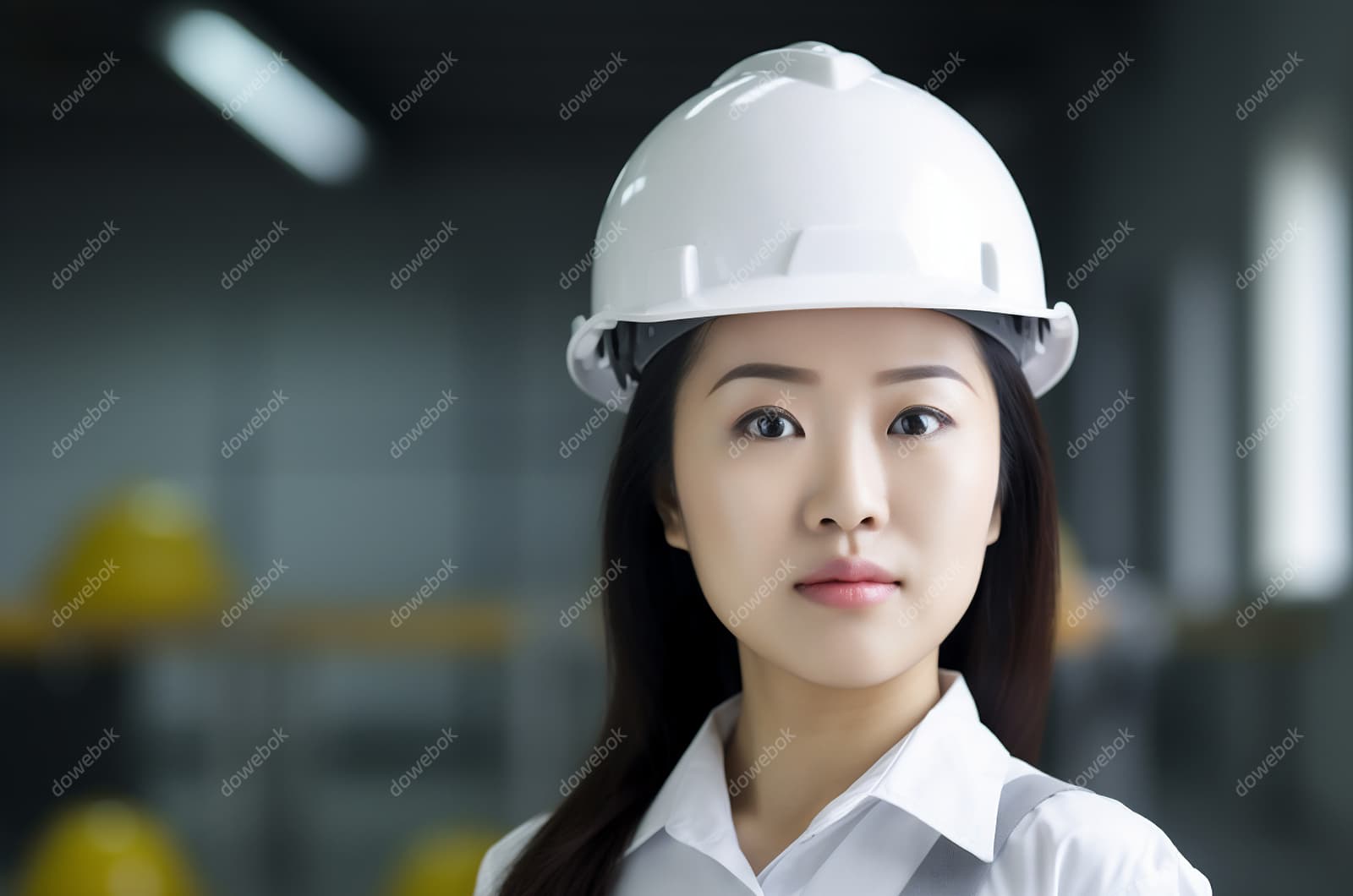 带着白色安全帽年轻女工程师高清图片素材(JPG)