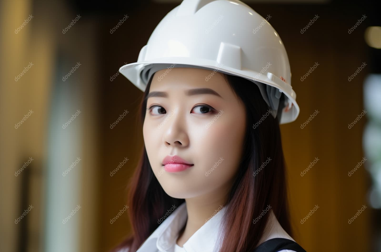 带着白色安全帽年轻女工程师高清图片素材(JPG)