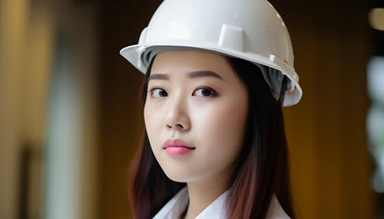 带着白色安全帽年轻女工程师高清图片素材(JPG)