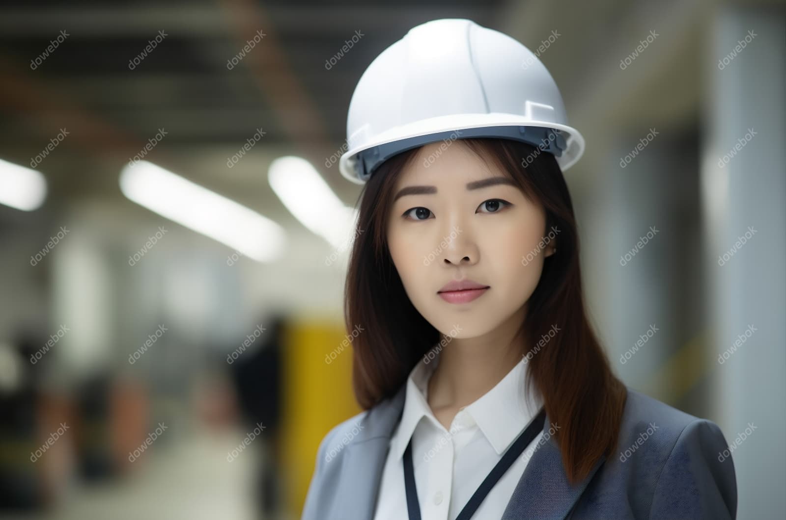 带着白色安全帽年轻女工程师高清图片素材(JPG)