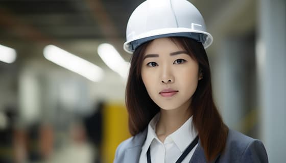 带着白色安全帽年轻女工程师高清图片素材(JPG)