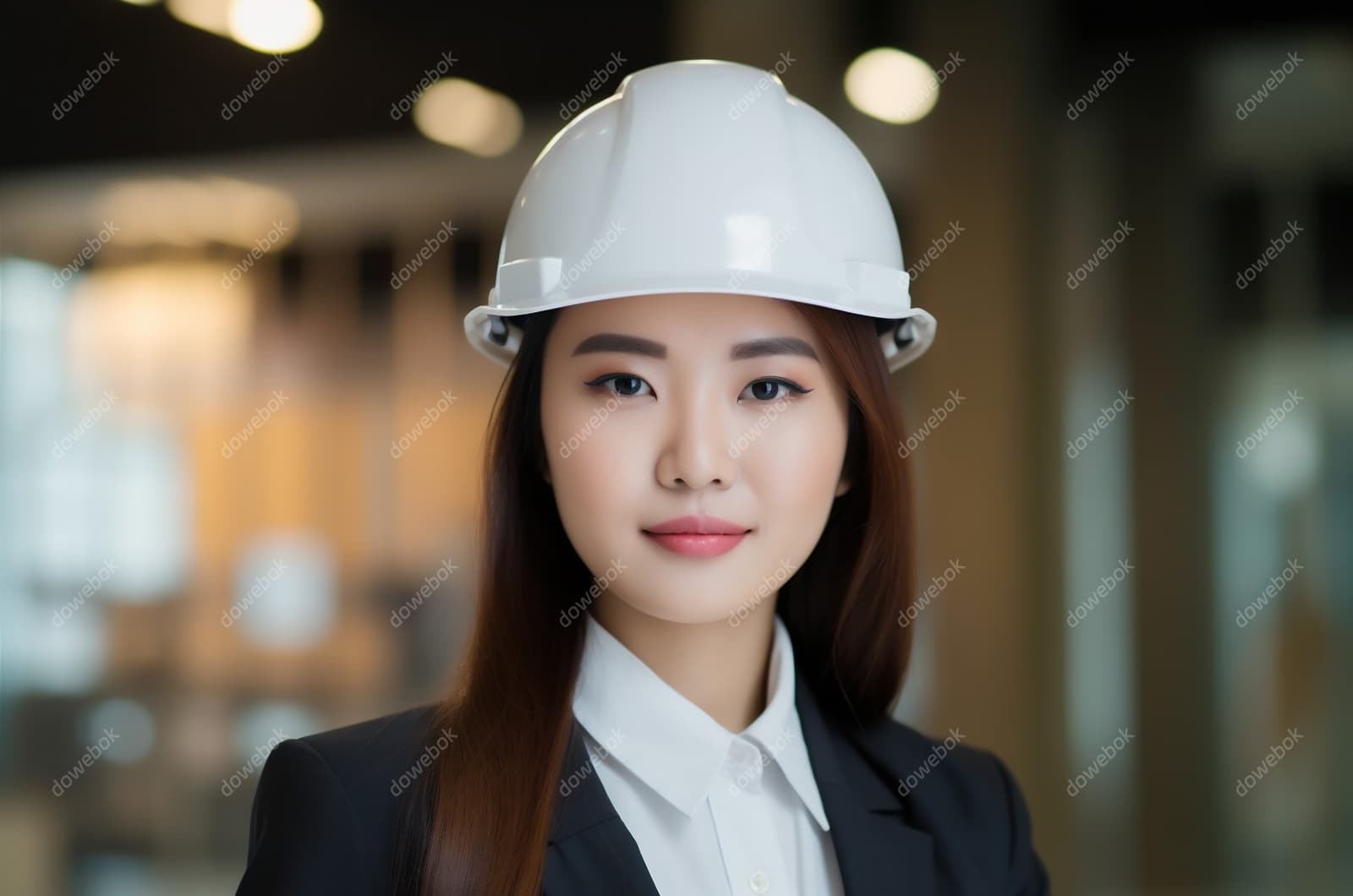 带着白色安全帽年轻女工程师高清图片素材(JPG)