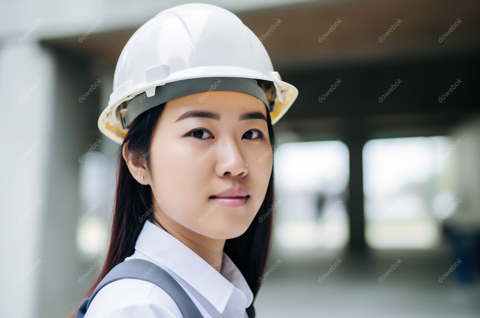 带着白色安全帽年轻女工程师高清图片素材(JPG)