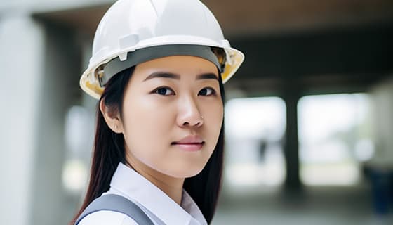 带着白色安全帽年轻女工程师高清图片素材(JPG)