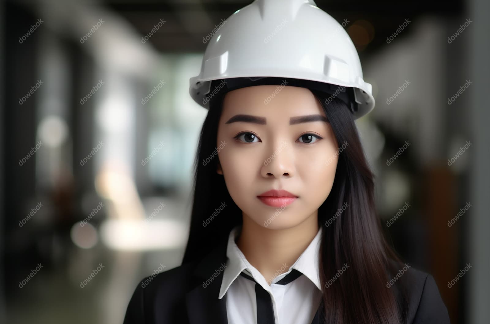 带着白色安全帽年轻女工程师高清图片素材(JPG)