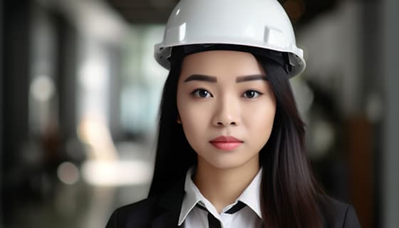 带着白色安全帽年轻女工程师高清图片素材(JPG)