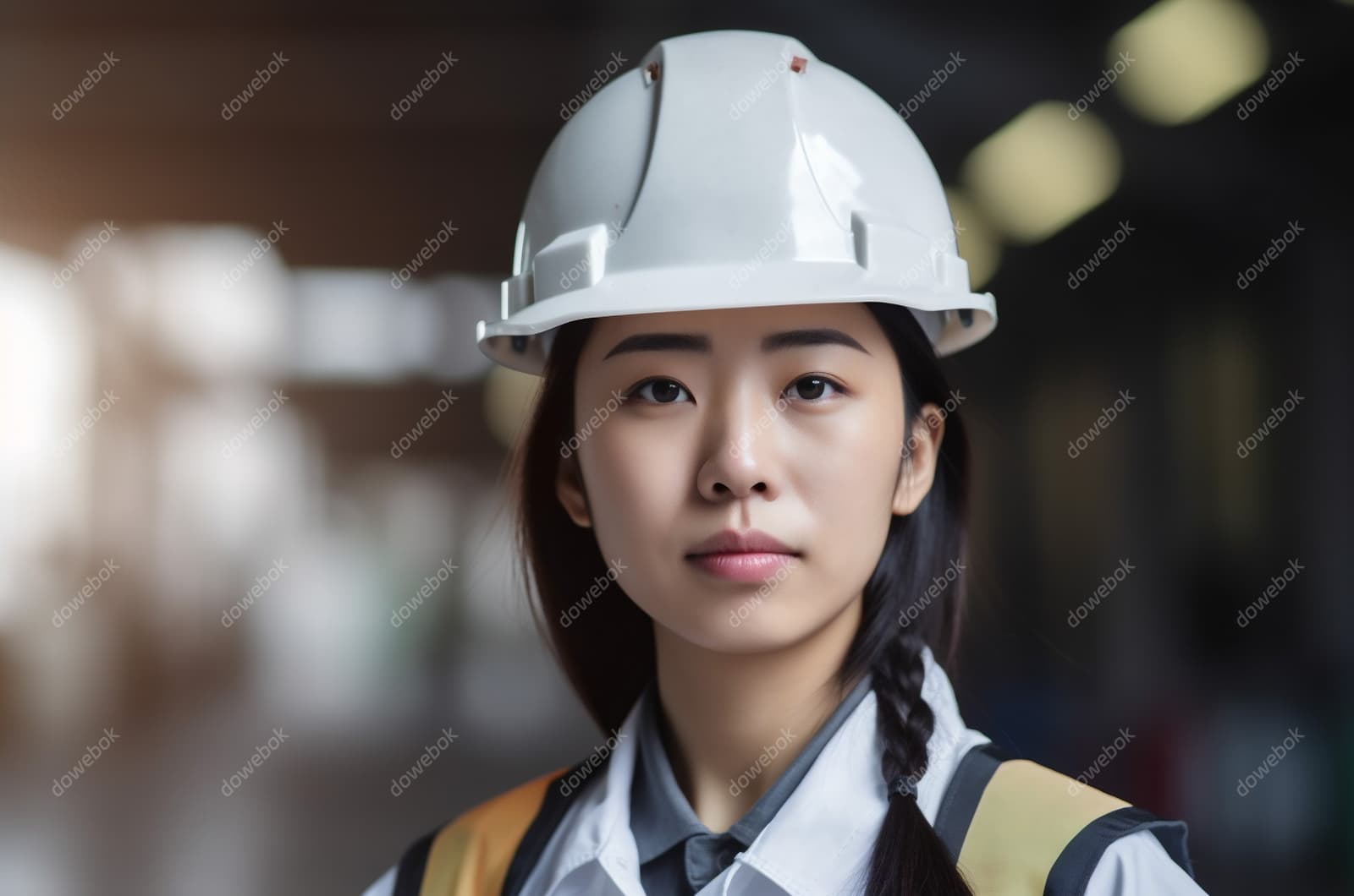 带着白色安全帽年轻女工程师高清图片素材(JPG)