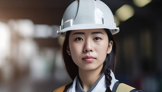 带着白色安全帽年轻女工程师高清图片素材(JPG)