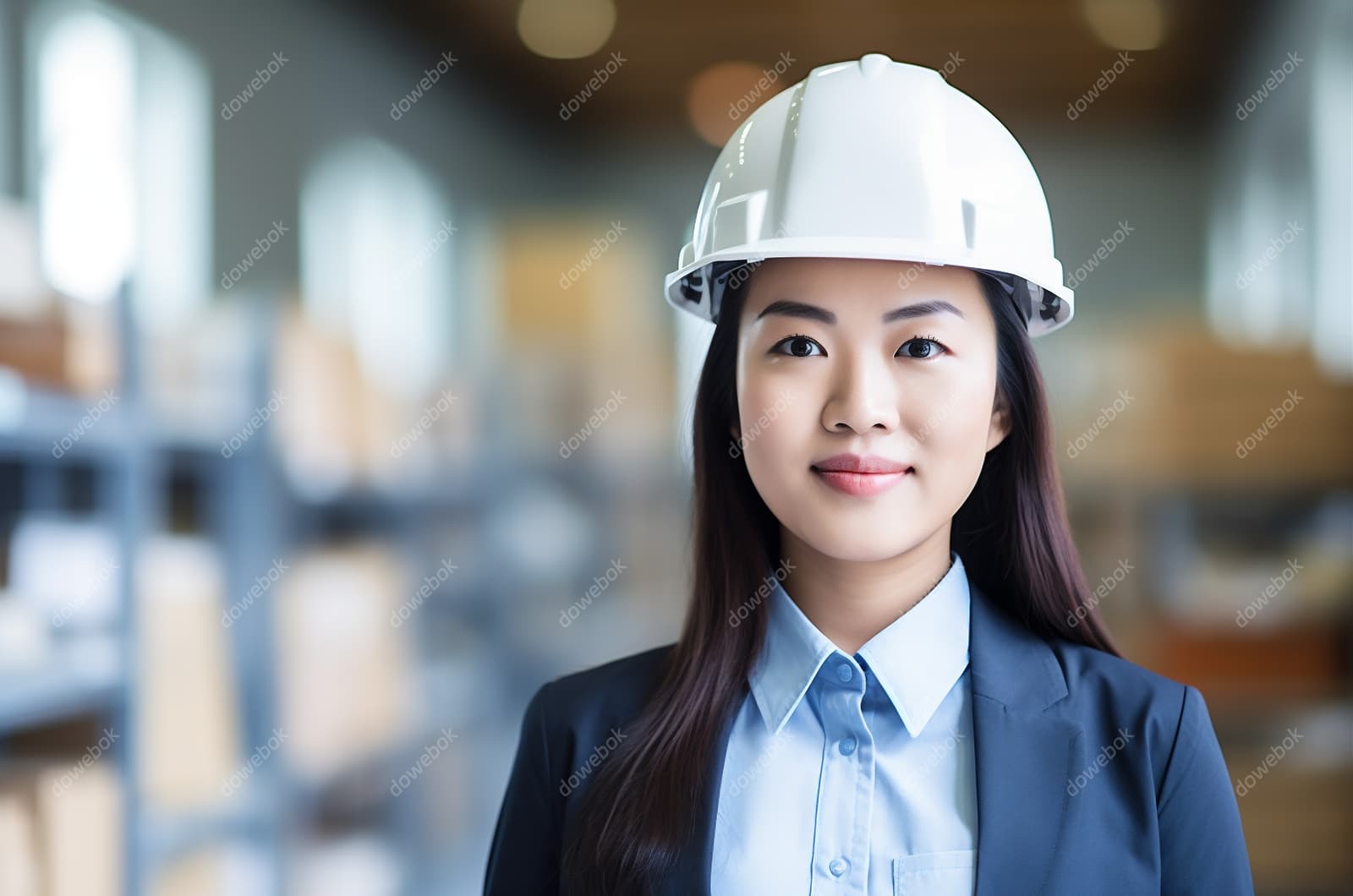 带着白色安全帽年轻女工程师高清图片素材(JPG)