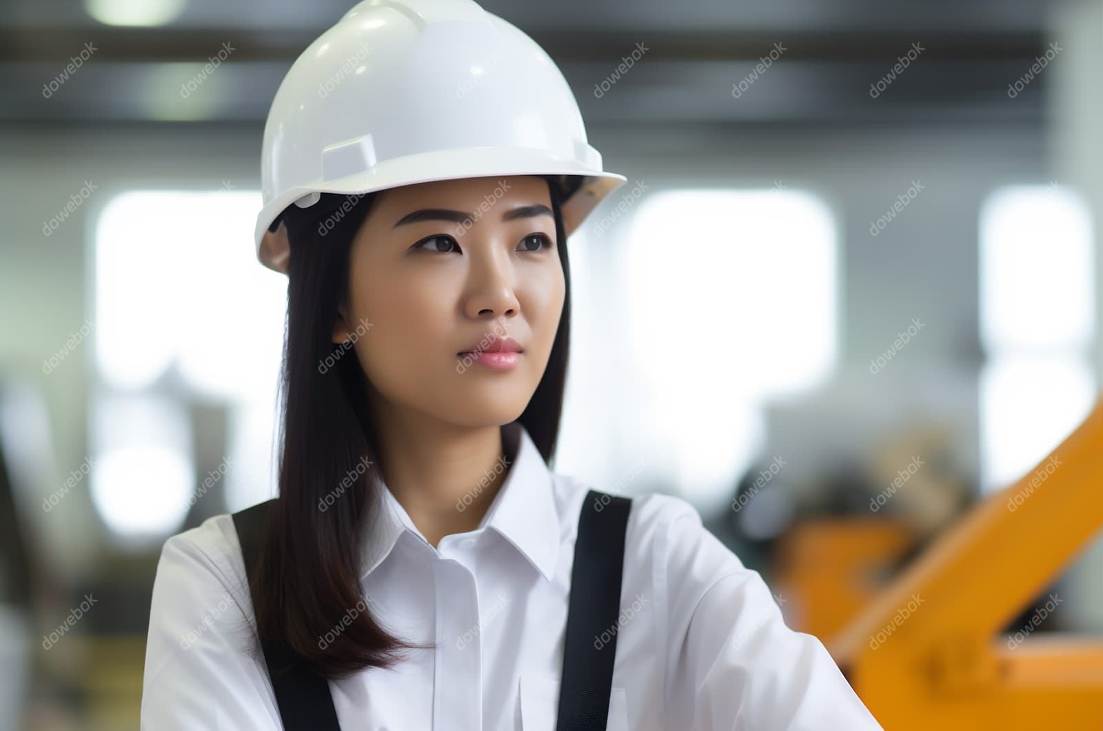 带着白色安全帽年轻女工程师高清图片素材(JPG)