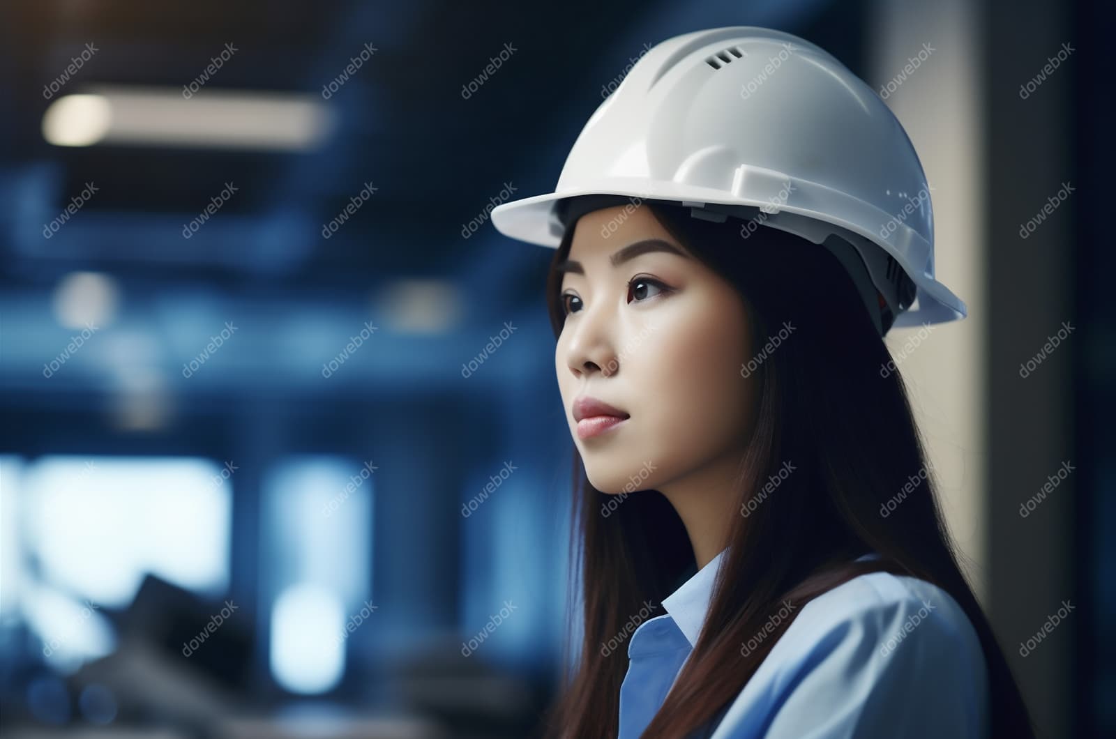 带着白色安全帽年轻女工程师高清图片素材(JPG)