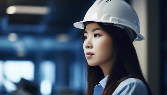 带着白色安全帽年轻女工程师高清图片素材(JPG)