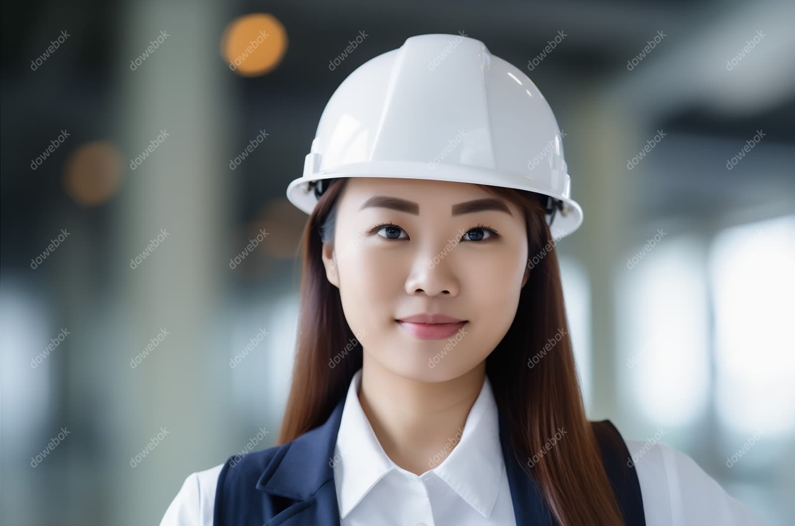 带着白色安全帽年轻女工程师高清图片素材(JPG)