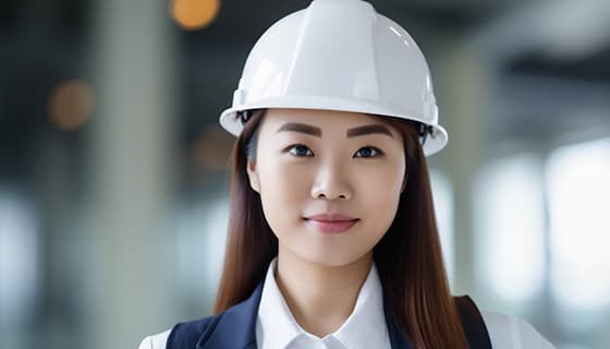 带着白色安全帽年轻女工程师高清图片素材(JPG)