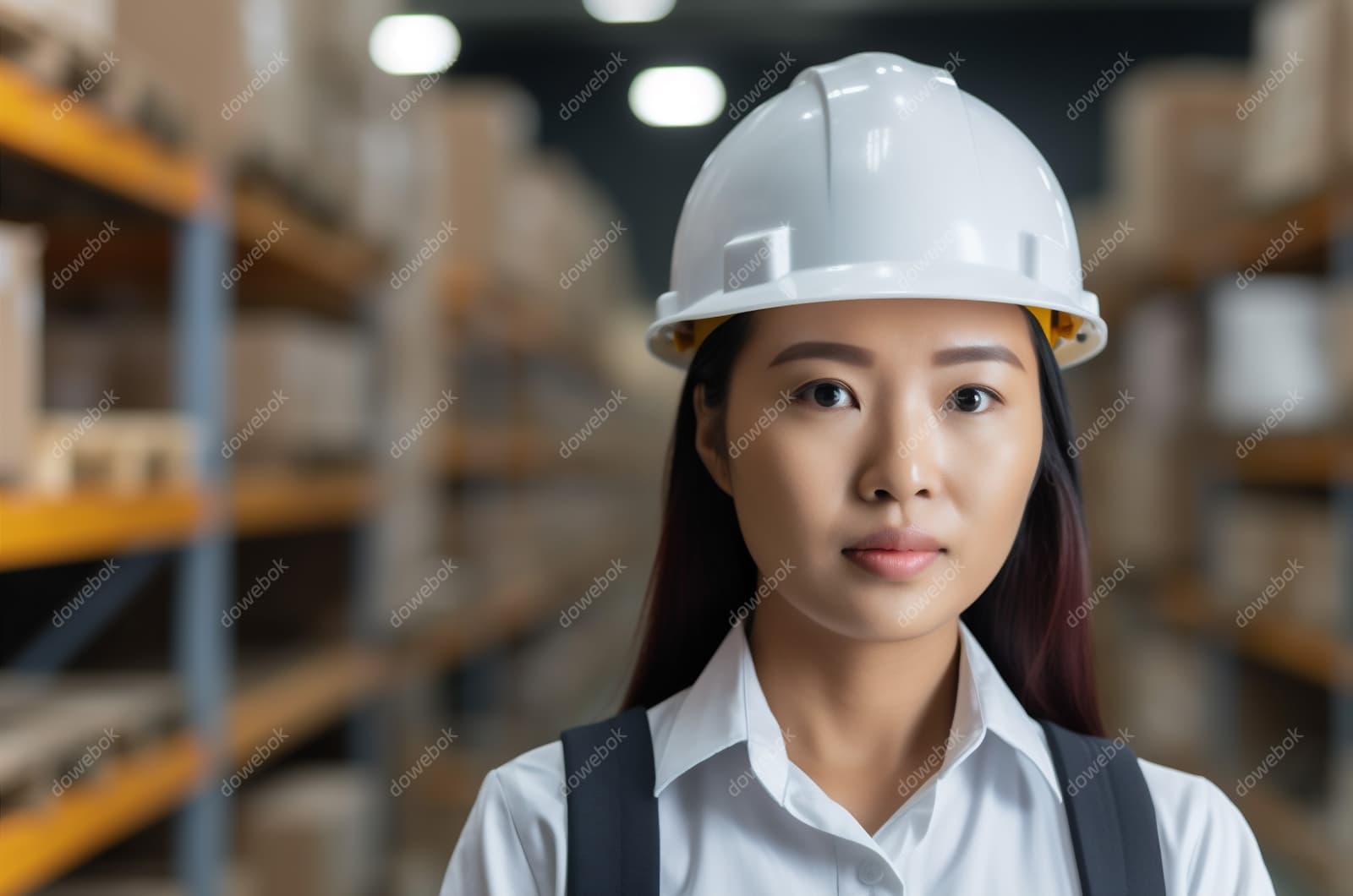 带着白色安全帽年轻女工程师高清图片素材(JPG)