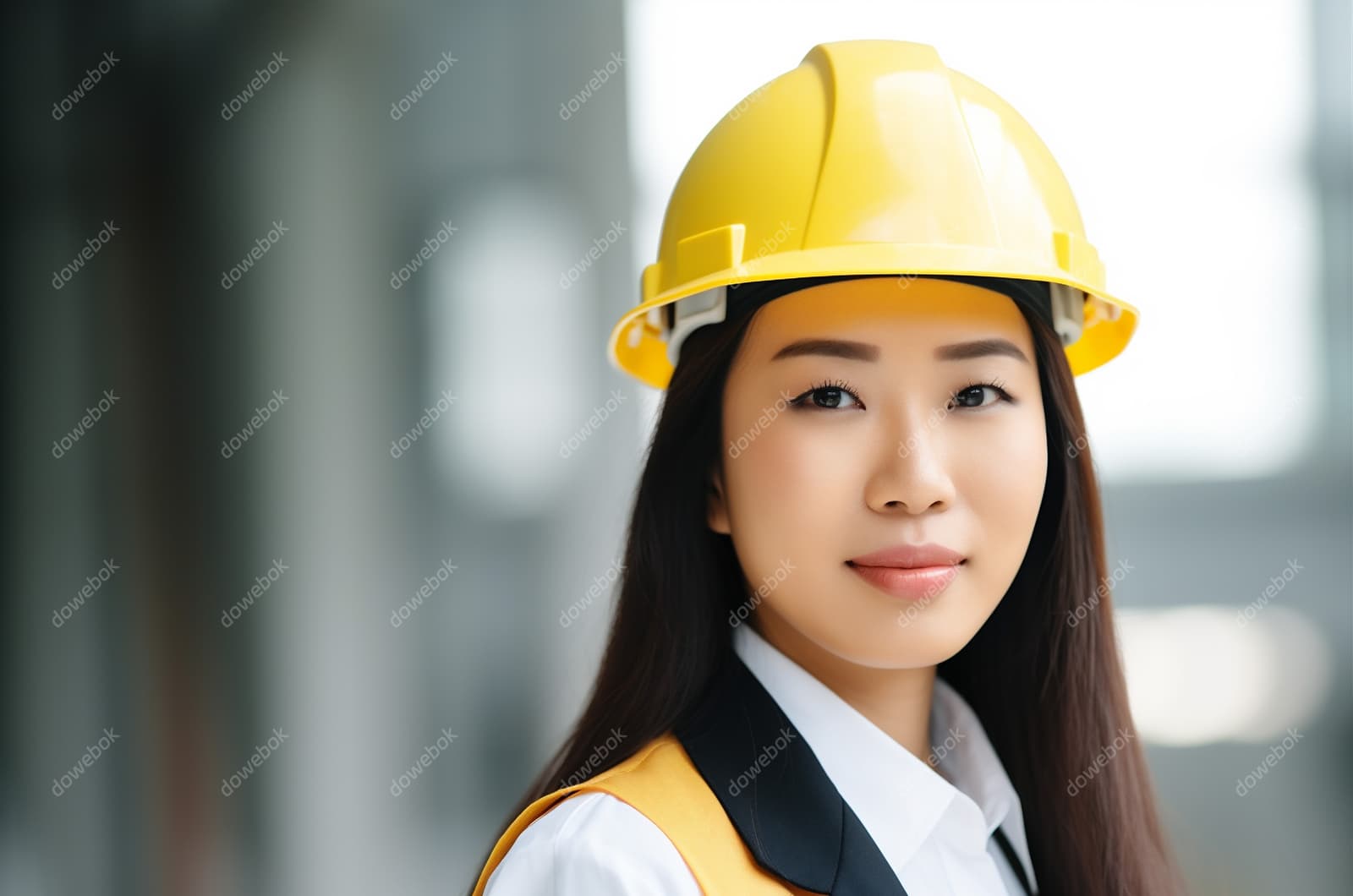 带着黄色安全帽的年轻女工程师高清图片素材(JPG)