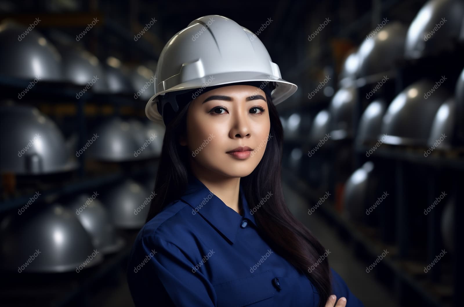 带着头盔安全帽的年轻女工程师高清图片素材(JPG)