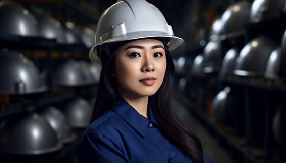 带着头盔安全帽的年轻女工程师高清图片素材(JPG)