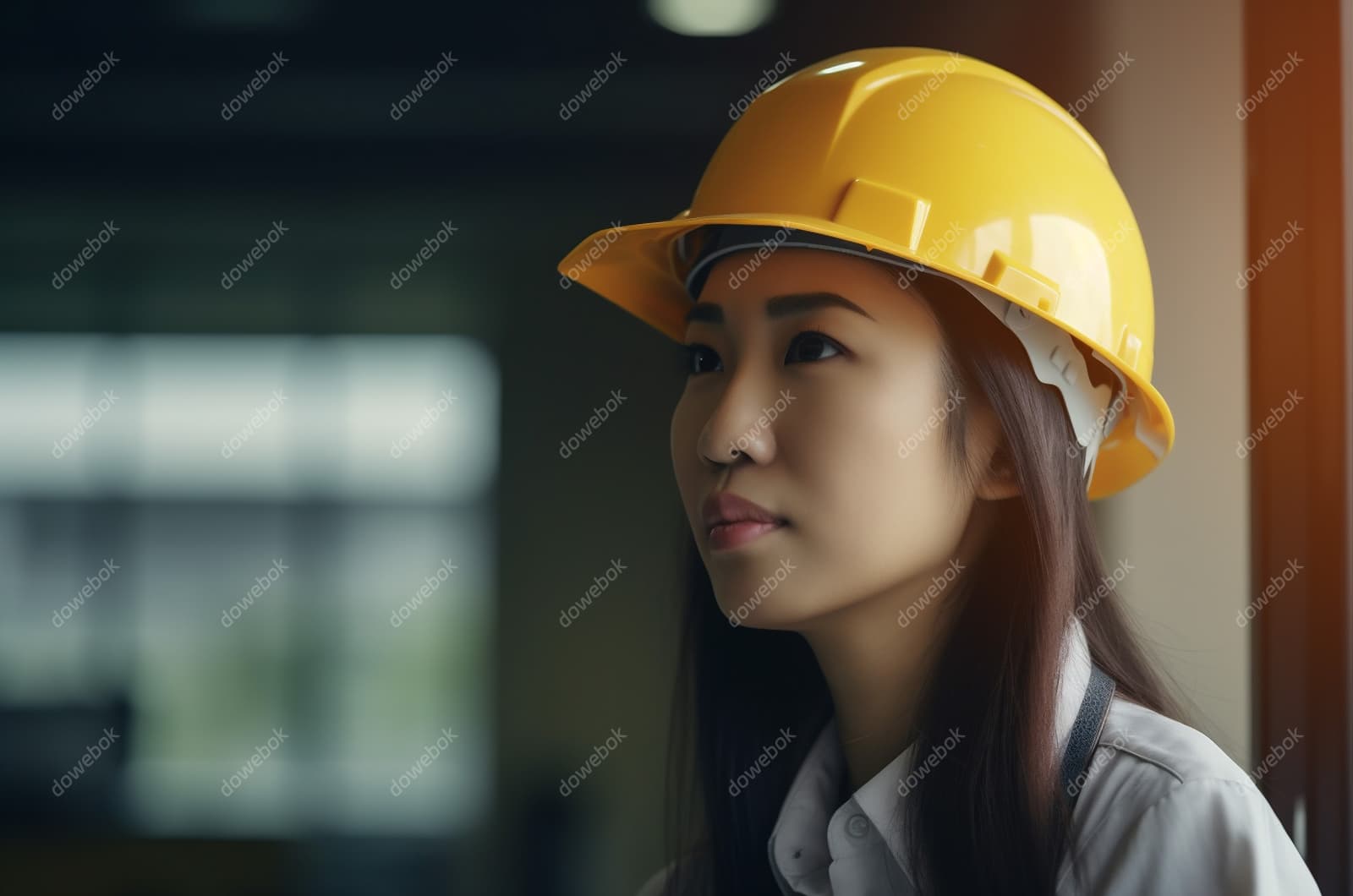 带着黄色头盔安全帽的年轻女工程师高清图片素材(JPG)