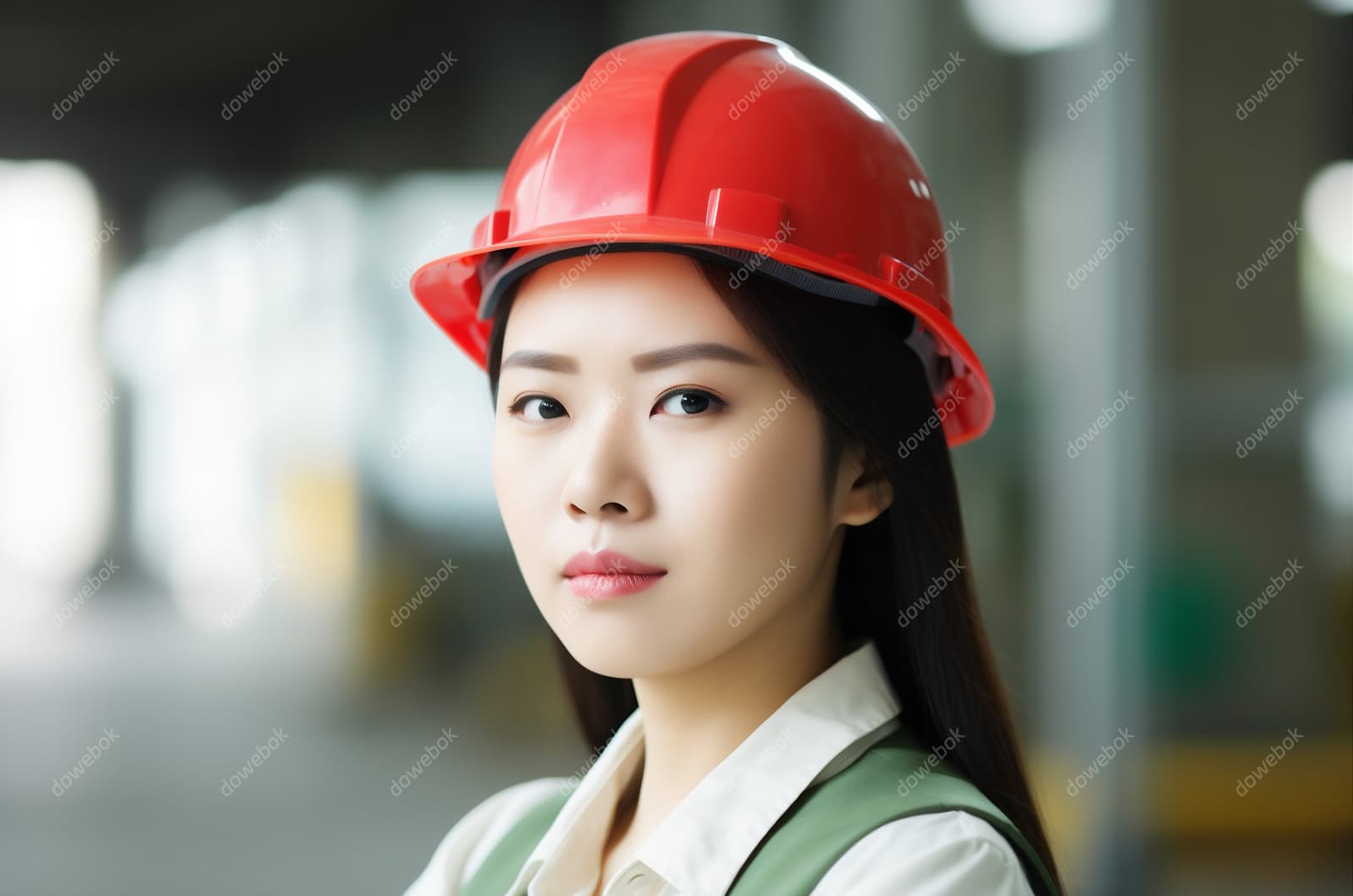 带着红色头盔安全帽的年轻女工程师高清图片素材(JPG)